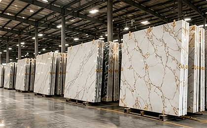 Scalable quartz slab production network with multiple factories and production lines