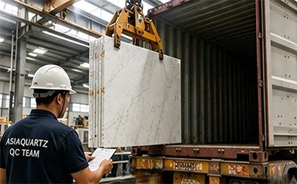 Quartz slab quality control inspection and container delivery execution