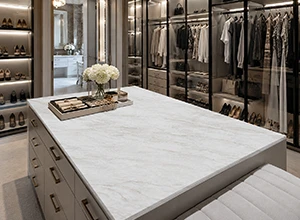 Printed quartz vanity island in a luxury walk-in closet