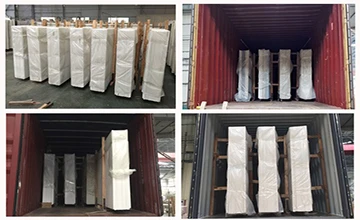 Quartz slabs securely packed in wooden crates and loaded into shipping containers, showing safe export logistics and handling