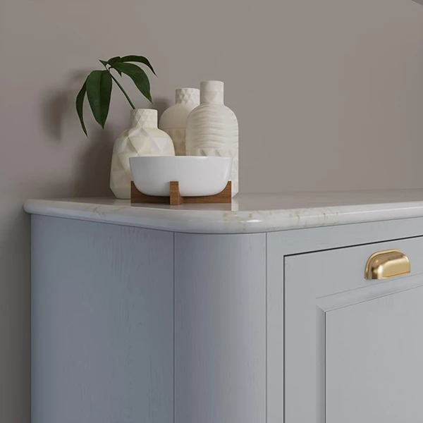 3cm thick quartz slab with classic eased or bullnosed edge, providing a smooth finished look for countertops