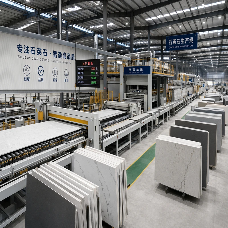 AsiaQuartz automated quartz stone production line in China factory, showing high-capacity manufacturing and strict quality control for global projects