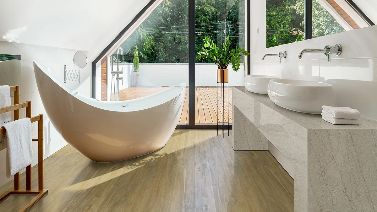 Modern bathroom in Bali luxury resort villa with Statuario Extra quartz countertops, 950 slabs delivered for villa kitchens and public areas