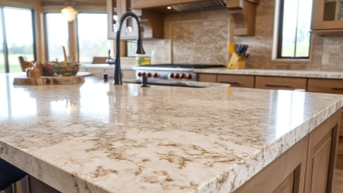 Close-up of custom-sized quartz/terrazzo slab edge, showing thickness and texture for specific architectural and commercial project needs