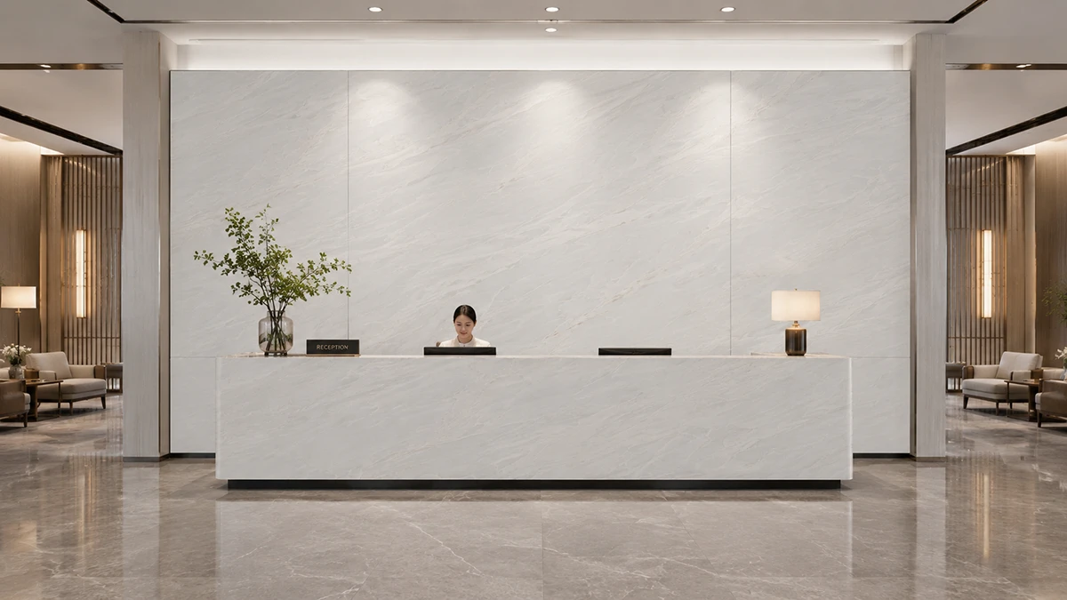 Custom prefabricated quartz reception counter in a luxury hotel lobby, showcasing versatile design for commercial projects