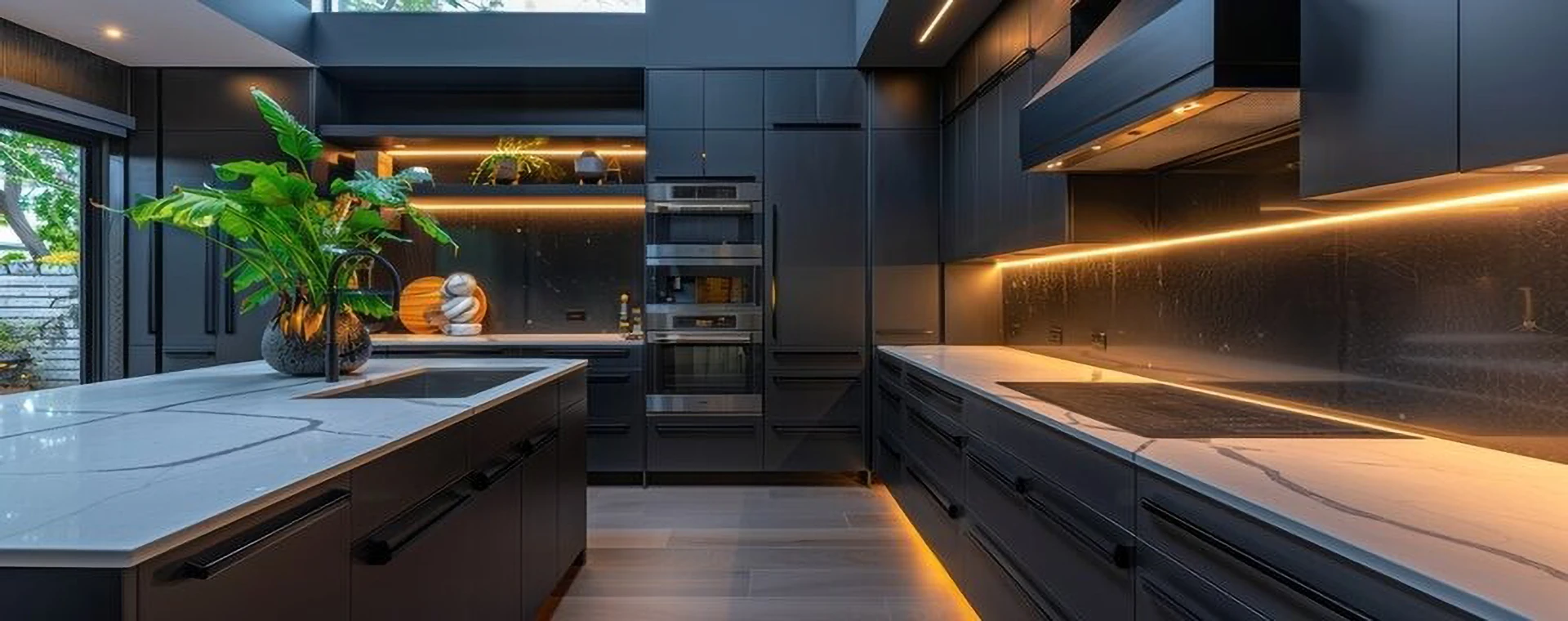 Modern kitchen with classic engineered quartz countertops supplied by AsiaQuartz for wholesale countertop projects