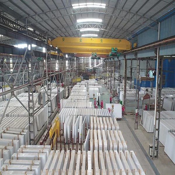Neatly stored quartz slabs in a climate-controlled warehouse, ensuring organized preservation and damage-free inventory