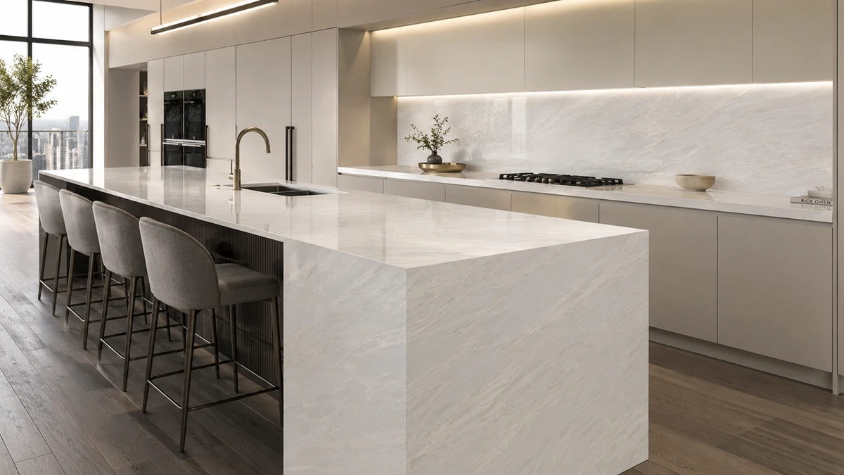 Contemporary open kitchen with large-format prefabricated quartz island and countertops