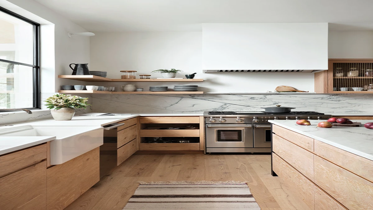 Modern open kitchen with prefabricated quartz countertops, showcasing clean lines and premium stone finish