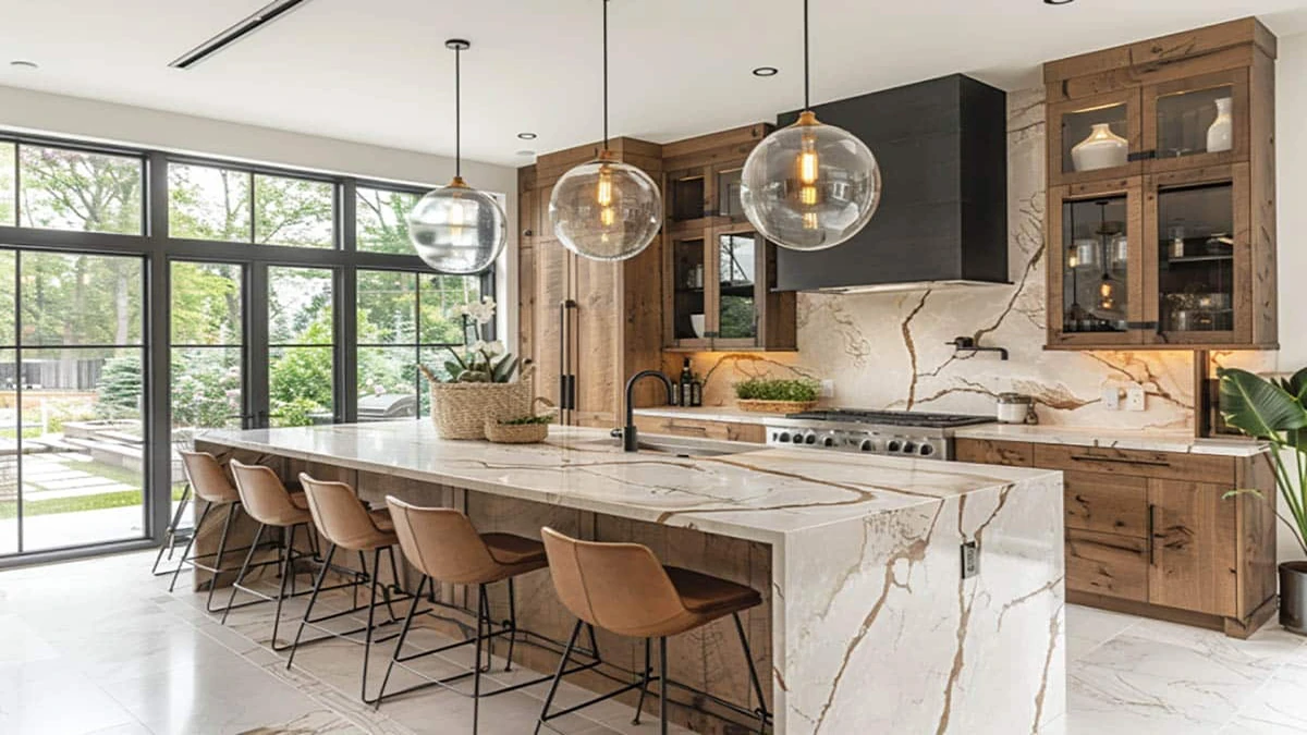 Contemporary kitchen featuring a large prefabricated quartz island, ideal for residential and commercial projects