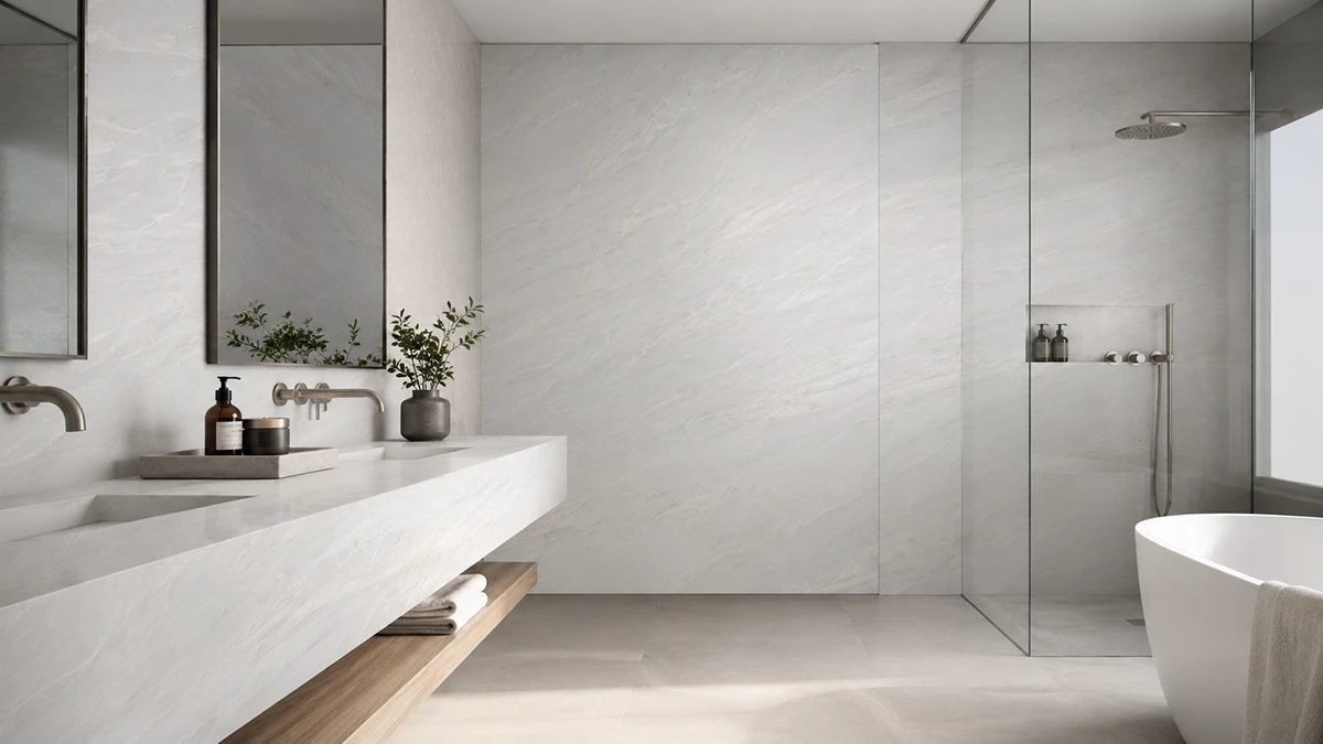Modern luxury bathroom with seamless prefabricated quartz vanity top, ideal for residential and hospitality projects