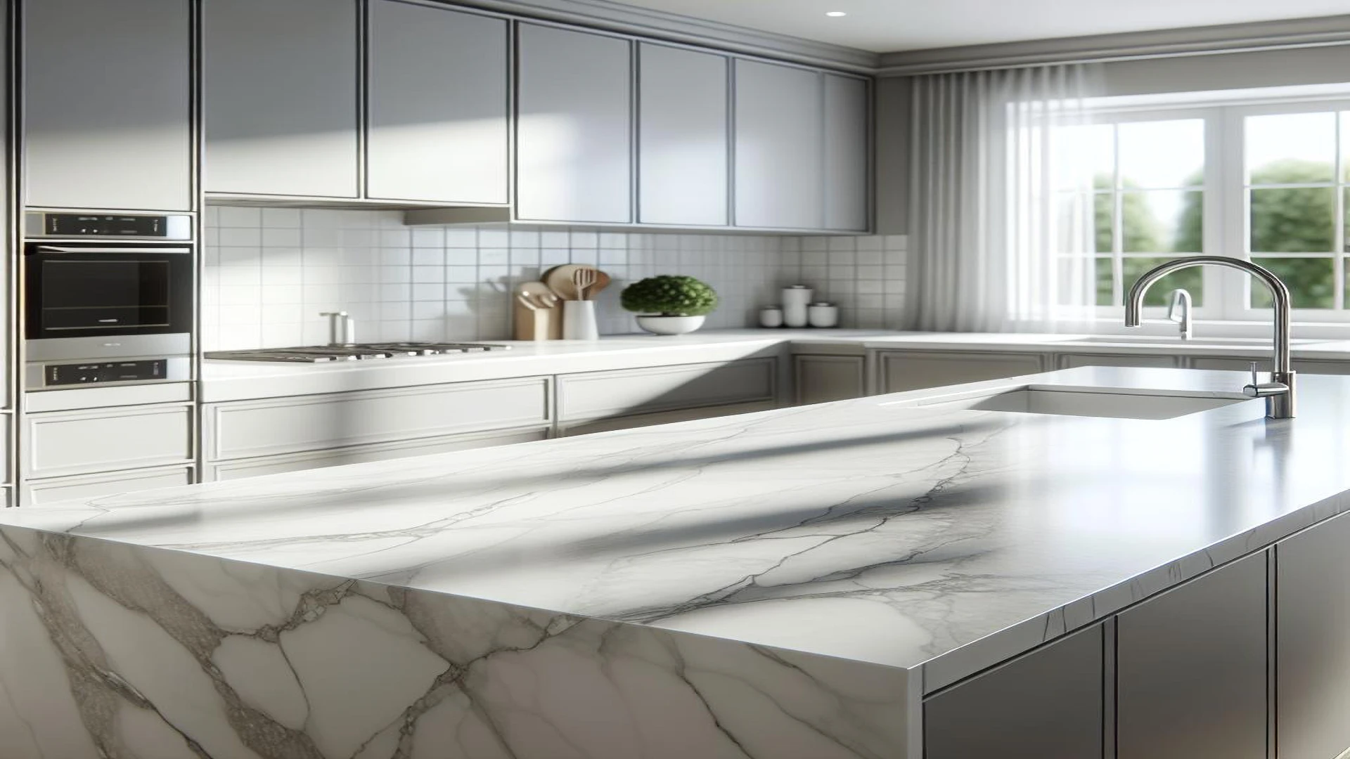 Modern kitchen with light-colored quartz countertops, showcasing durable non-porous surface after strict quality control checks