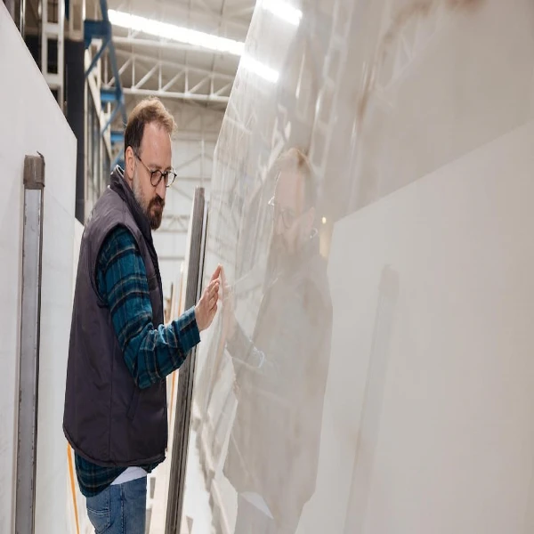 Worker performing 100% surface inspection on quartz slabs, ensuring consistent quality and zero defects for every order