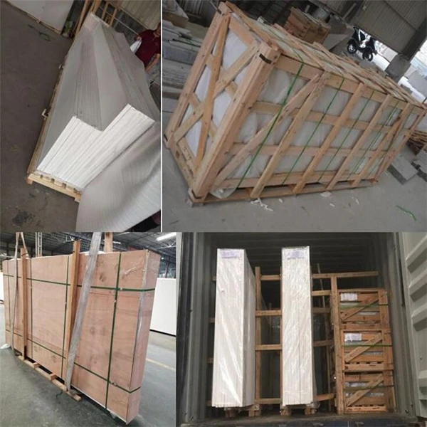 Professional packing of quartz slabs for global shipping, using secure wooden crates and protective materials to prevent damage
