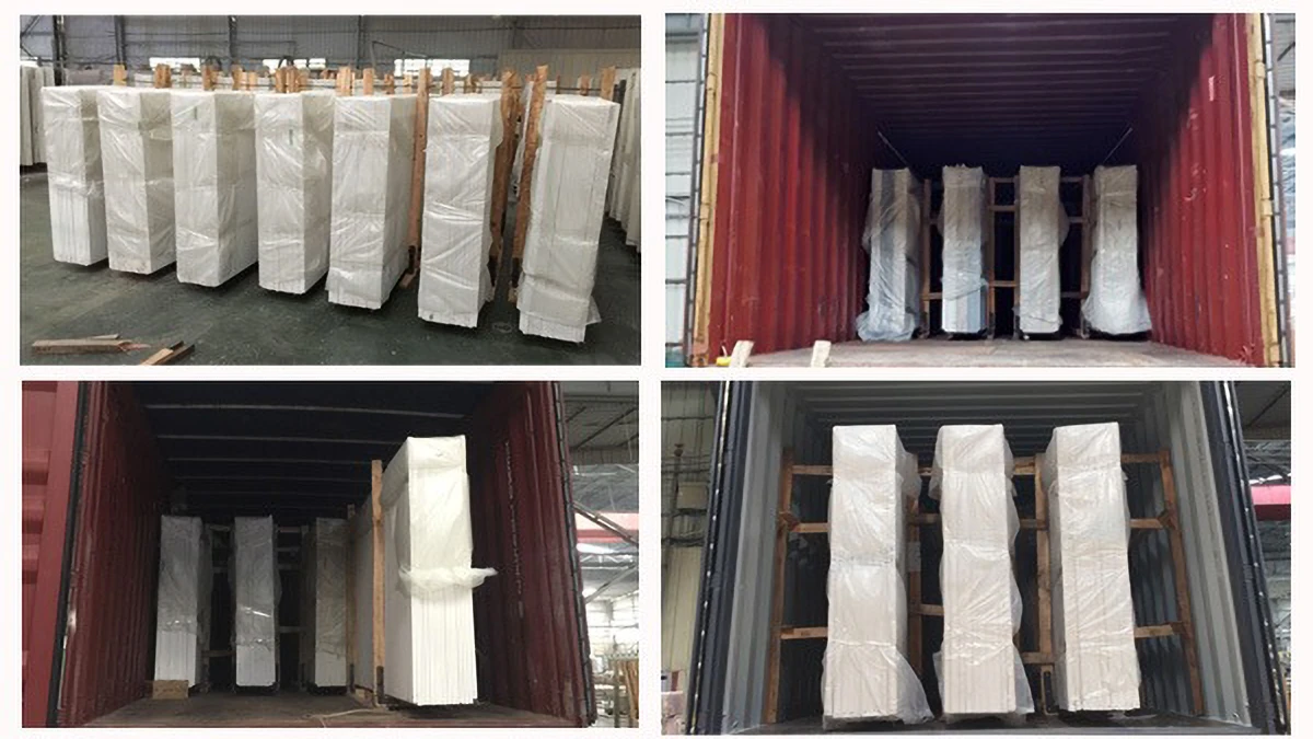 Prefabricated quartz slabs securely packed in wooden crates and loaded into containers for global shipping