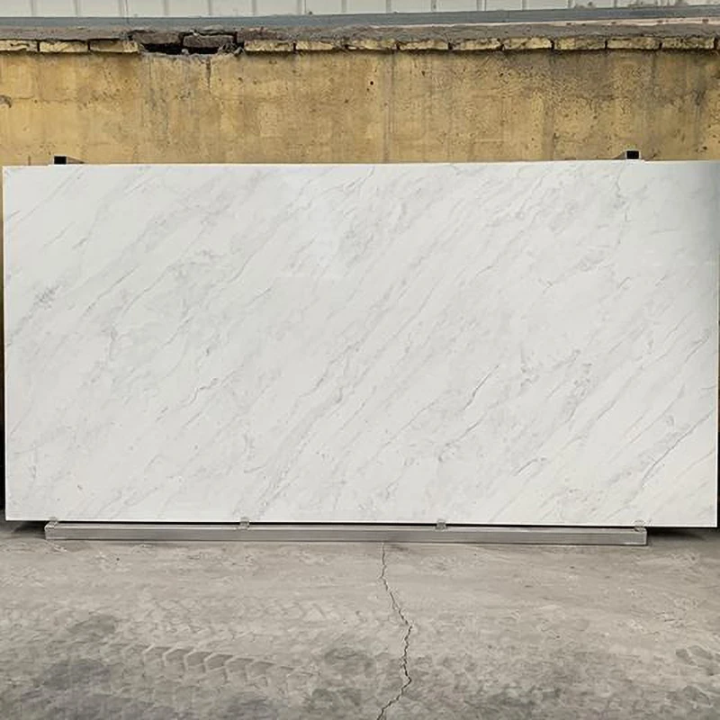 Soft marble-look quartz slab with natural veining, perfect for matching modern interior designs