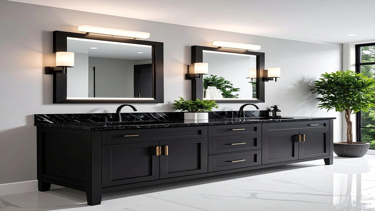 Modern bathroom featuring a sleek solid black prefabricated quartz vanity top
