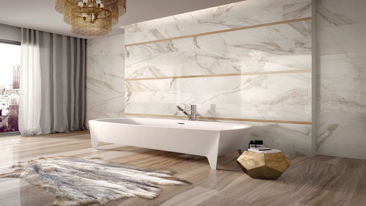 Luxury commercial bathroom with seamless large-format quartz slab, using 3530×2000mm super jumbo size for maximum coverage and minimal seams