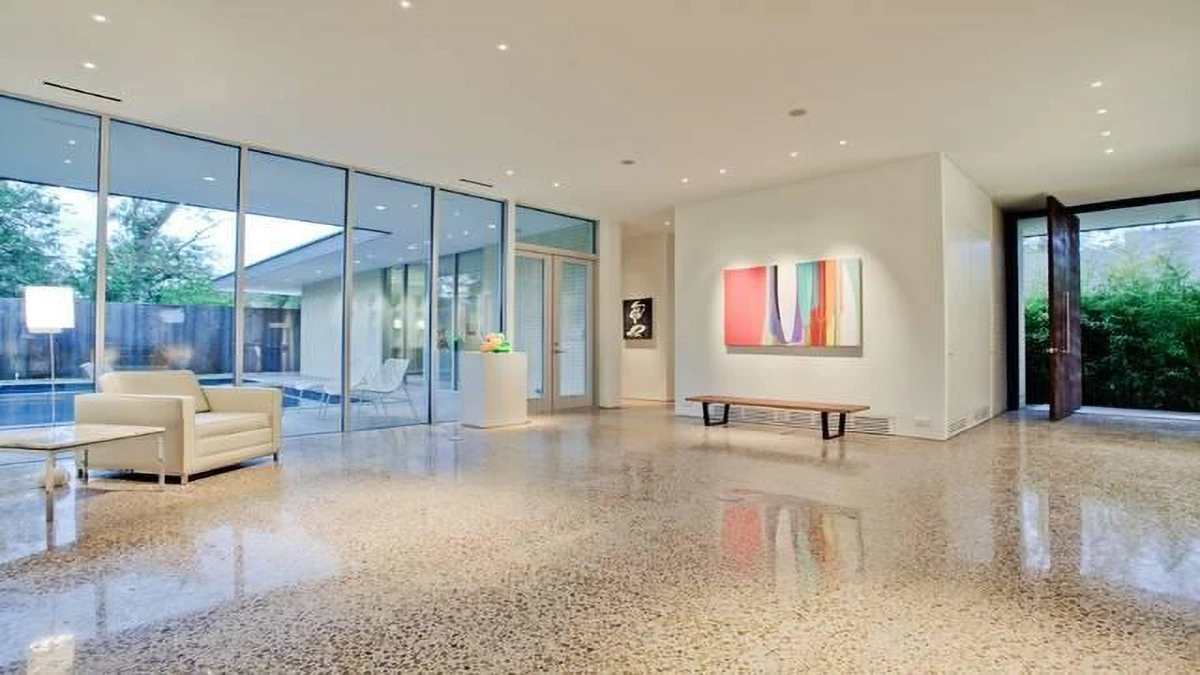 Artificial terrazzo slabs used for commercial terrazzo flooring in a modern lobby