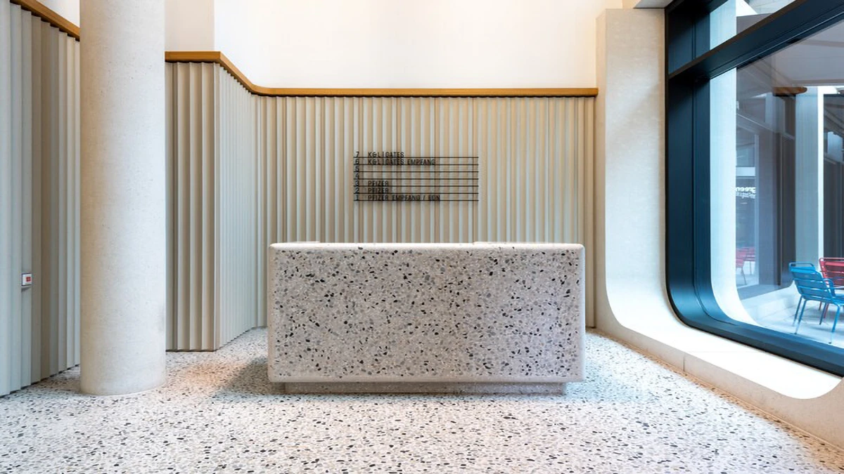 Artificial terrazzo slabs used for feature walls and reception desks