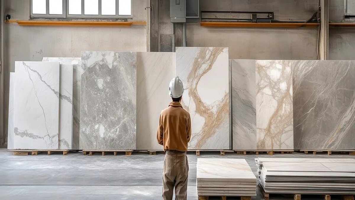 Worker inspecting premium quartz and marble slabs in a warehouse, verifying quality and consistency as part of AsiaQuartz’s source-to-ship QC process