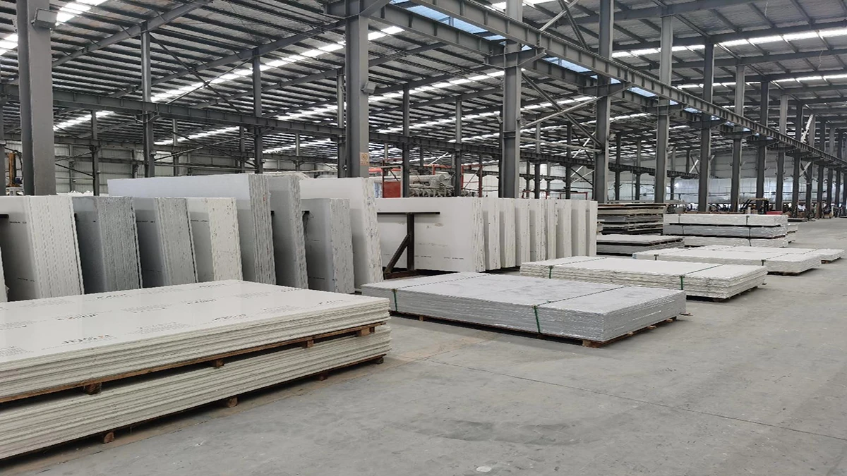 Stacked bulk printed quartz slabs inside factory warehouse sorted by color ready for container export shipment