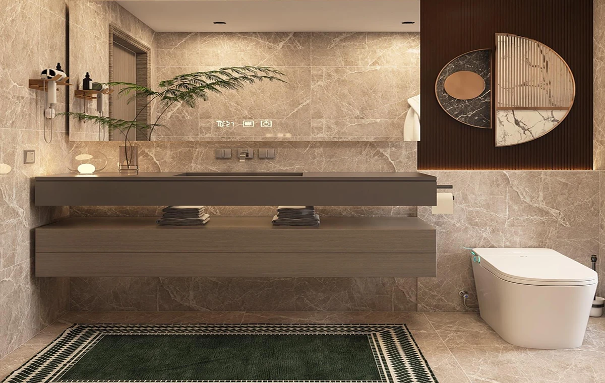 Calacatta Alps printed quartz installed as hotel bathroom vanity top with warm gold brown veins