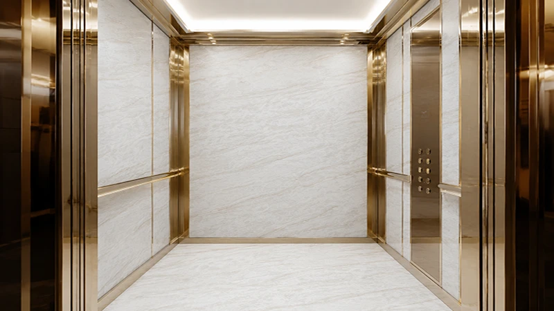 Commercial elevator interior with quartz stone cladding for contractors and building projects
