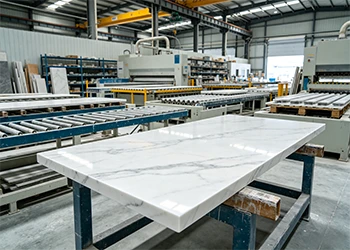 Clean and organized quartz slab production line in a modern factory, showcasing eco-friendly handling and workflow