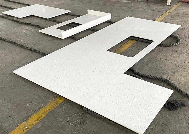 Custom cut-to-size quartz countertops in workshop, for wall panels, hospitality, commercial and residential projects with quick delivery