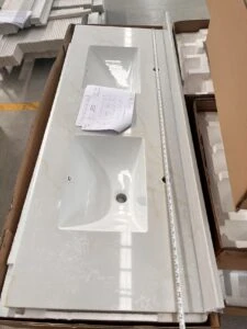 dimension inspection qc image quartz bathroom vanity top with measuring tape and shop drawing