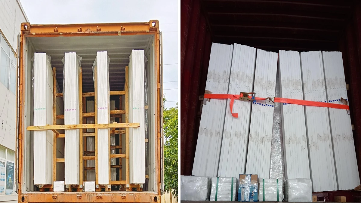 Wood framed printed quartz slabs loaded inside container for China Vietnam dual-origin shipment to US importers, finished quartz export loading
