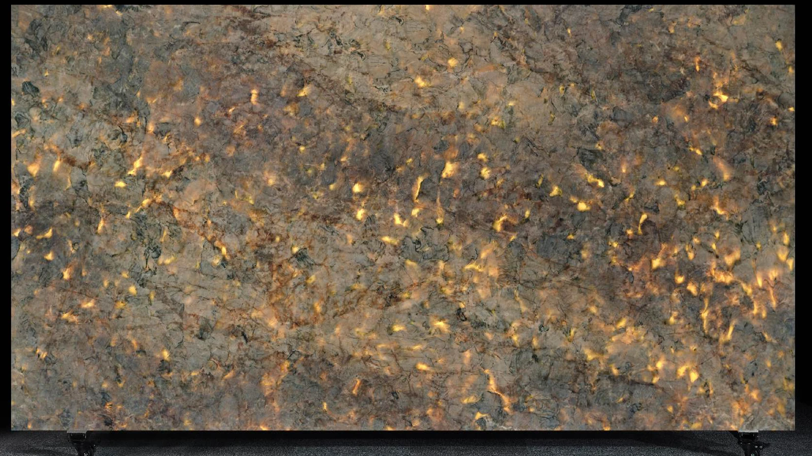 Gold sparkle marble look printed quartz jumbo slab, backlit luxury engineered stone bulk supply for high-end hotel countertop and US commercial construction projects, dual origin China Vietnam factory