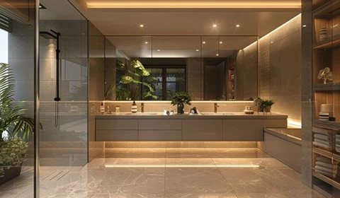 Hotel bathroom double vanity with printed quartz countertops and matching wall surfaces for hospitality projects