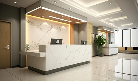 Commercial reception desk and feature wall using large-format printed quartz with marble-look design