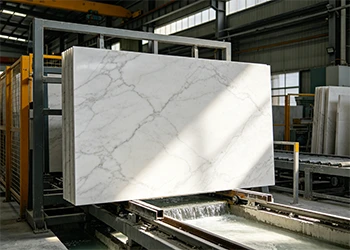 Large 127‘×64’ white quartz slab with grey veins in a factory, ready for pressing on dual production lines