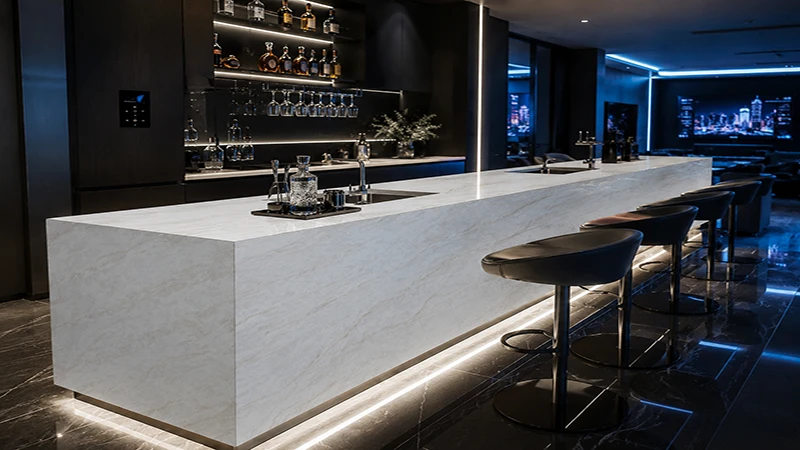 Luxury dark quartz stone bar counter in high-end project for developers and project buyers