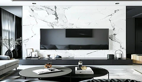 Multi-unit residential living room with printed quartz TV feature wall and marble-look surface