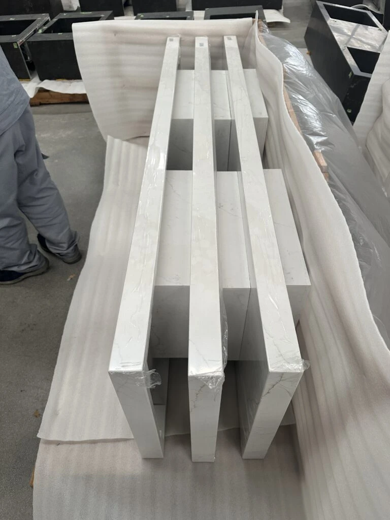pre shipment qc photo engineered quartz countertop edge thickness measurement factory inspection