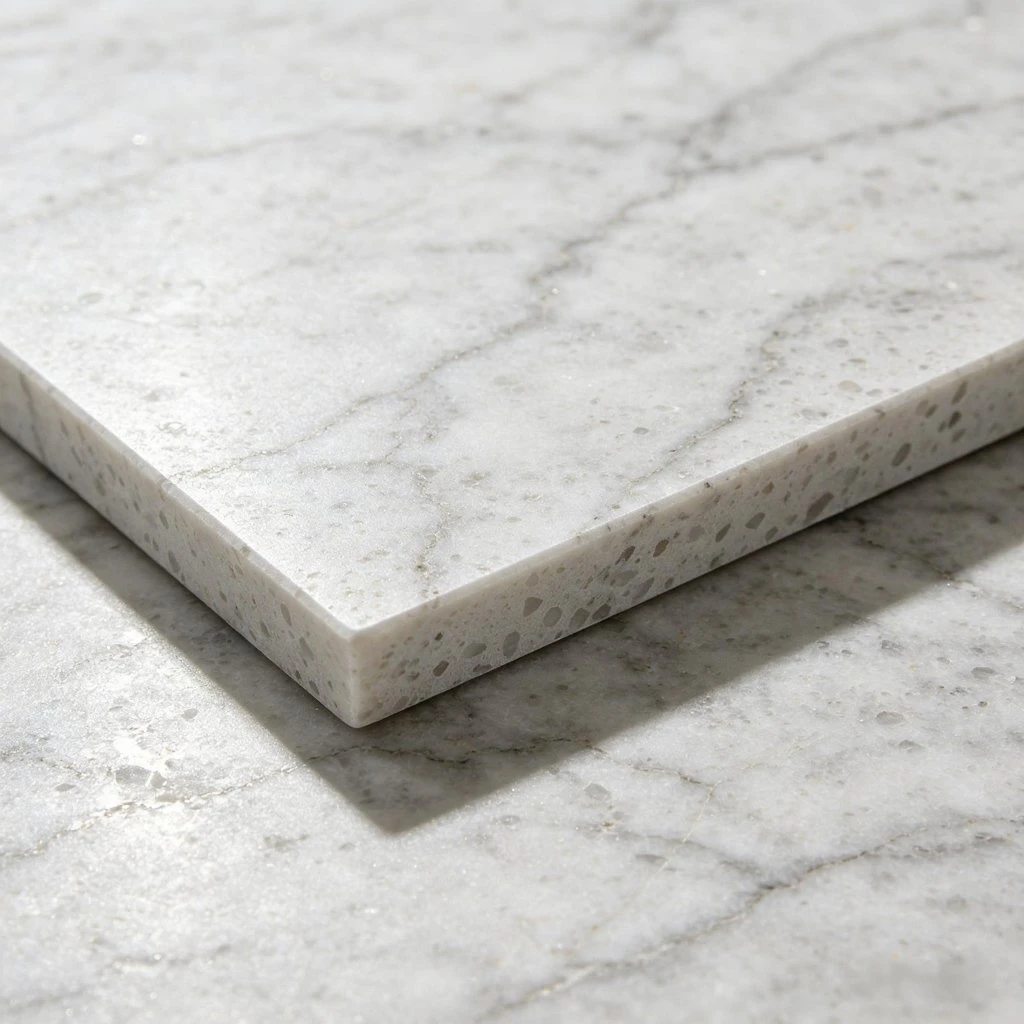 Close-up of premium quartz slab edge showing material cross-section, for countertops, vanities, walls and large projects