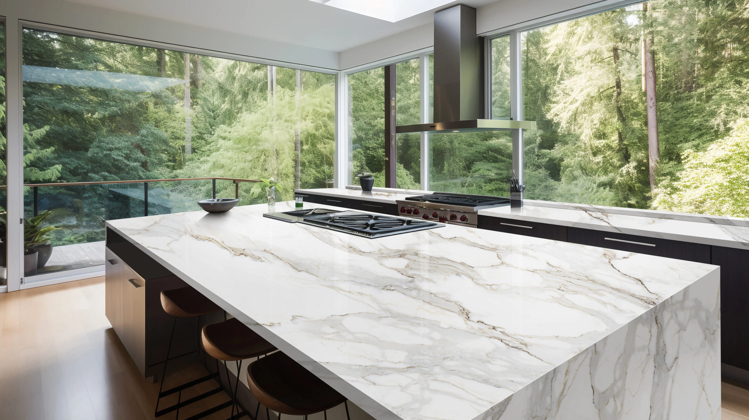Printed Calacatta marble-look quartz kitchen island for commercial project supply