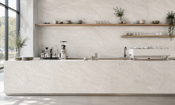 Printed quartz bar counter application for hotel and hospitality projects
