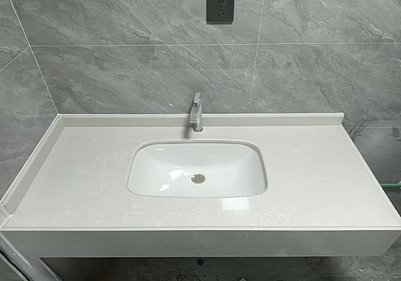 Marble patterned printed quartz made into hotel bathroom vanity top for hospitality projects