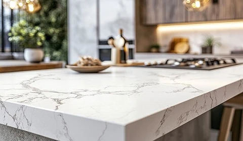 Modern kitchen with marble-look printed quartz countertops for residential and builder projects