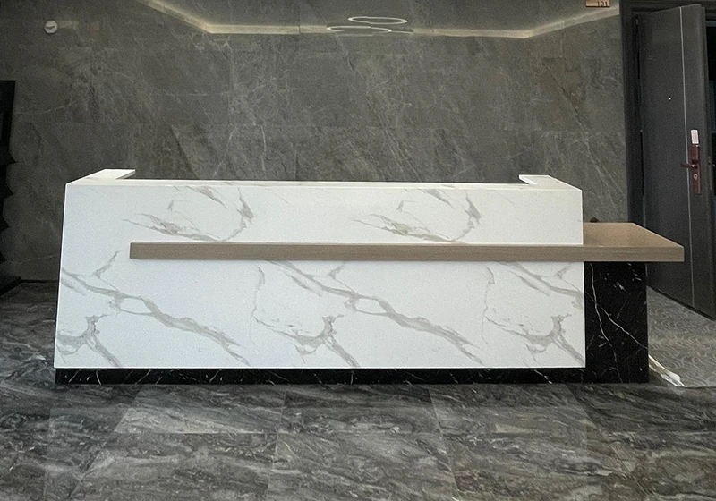 Large printed quartz countertop for office and clinic lobby reception desk applications
