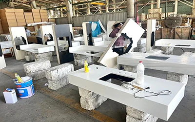 Custom quartz countertop being test-assembled in factory to ensure perfect fit for installation