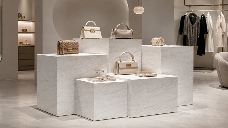 Quartz stone display stands for retail, showing finished fabrication quality for fabricators