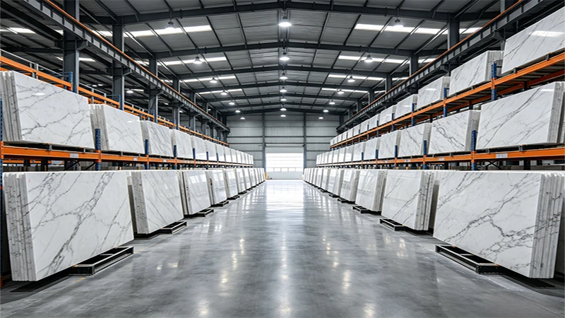 Large quartz stone slab warehouse showing reliable stock for distributors and wholesalers