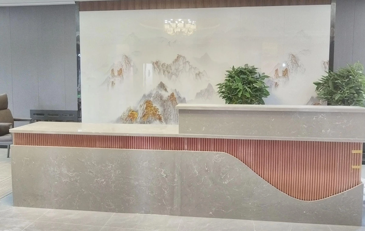 Taj Mahal grey printed quartz finished office lobby reception desk for commercial interior