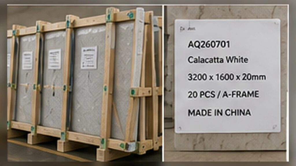 Quartz slabs packed in protective wooden frames with product, batch and shipping labels before shipment.